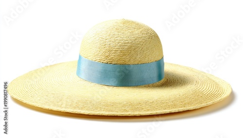 A woven straw hat with a wide brim and a light blue ribbon accent