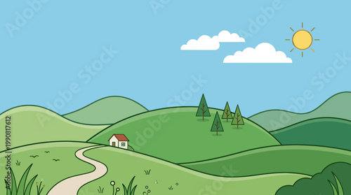 A serene landscape with a winding road through rolling hills on a sunny day with trees and a house.