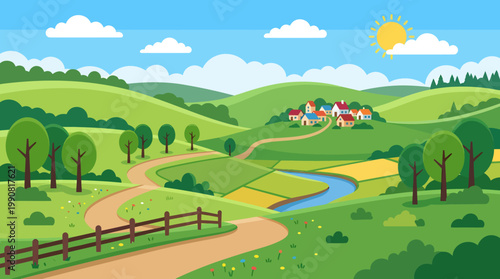 Charming cartoon village nestled among vibrant green rolling hills with a winding road leading to tranquil meadows under a bright sun