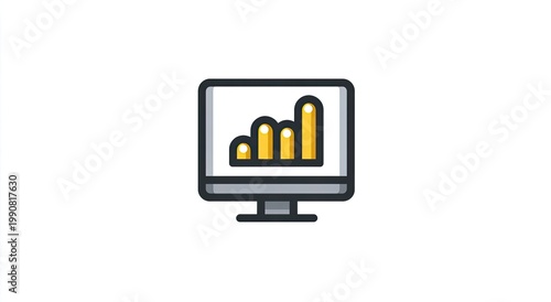 Computer monitor displays an upward trending bar graph with yellow bars on a gray screen