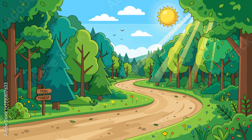 A whimsical cartoon forest adventure unfolds along a winding path bathed in warm sunlight, perfect for an outdoor journey
