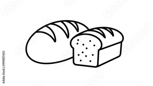 Simple line art illustration featuring two distinct loaves of bread, a classic baguette and a sliced sandwich loaf, emphasizing their fundamental shapes.
