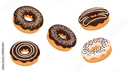 Delectable collection of chocolate donuts adorned with various toppings like sprinkles and white icing, showcasing a delicious array of sweet treats.