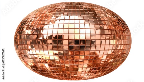 Copper sphere, tiled with small, reflective squares, catching light