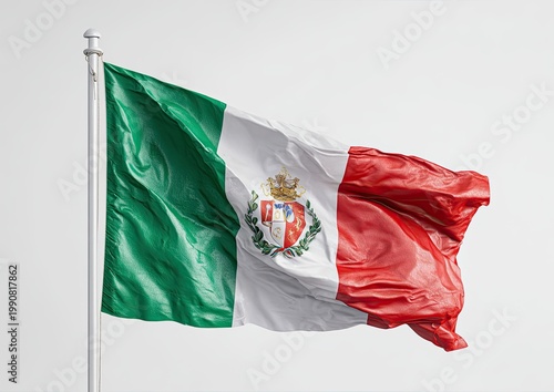 Waving flag with green, white, and red stripes and a coat of arms