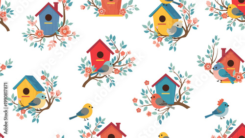 Idyllic seamless pattern featuring colorful birds perched on blossoming branches with charming birdhouses, creating a joyful and natural springtime scene.