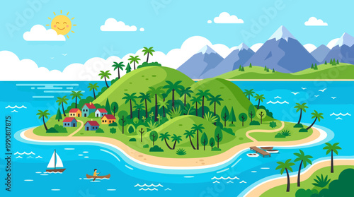 A serene tropical island scene with palm trees, mountains, and a sunny sky viewed from afar.