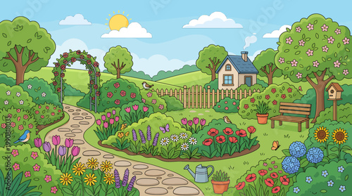 Beautiful cartoon garden illustration with winding path, vibrant flowers, lush trees, charming cottage, birdhouse under blue sky, depicting idyllic spring day