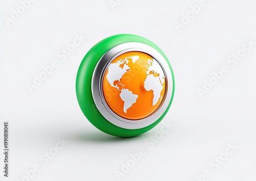 A 3D green sphere with an orange globe inset, framed by metallic silver