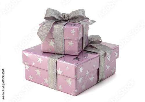 Two stacked pink boxes adorned with silver stars and ribbons, against white