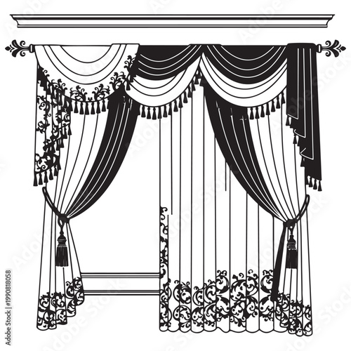 Ornate window drapery with decorative swags and fringe tassels black and white vector illustration for interior design