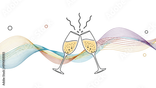Elegant illustration of two champagne glasses clinking in a toast, with abstract colorful wavy lines flowing in the background, symbolizing celebration and festivity.