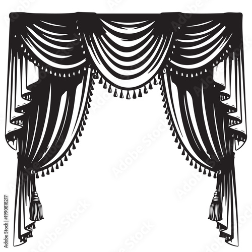 Ornate theater curtains with valance and tassels vector illustration for stage frame or luxury interior design