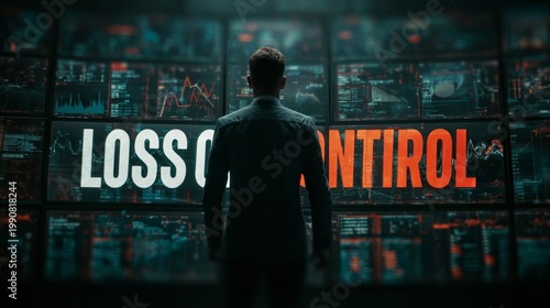 A man in a suit stands in front of a large screen displaying loss and control