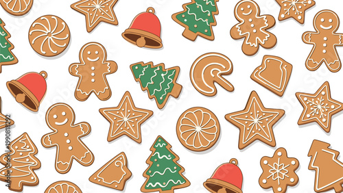 Delightful seamless pattern filled with an assortment of festive gingerbread cookies in various shapes, including stars, bells, and trees, against a white background.