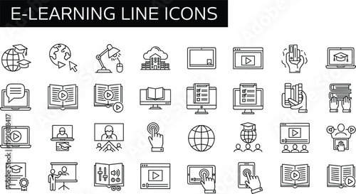 E‑learning icon set, online education, digital learning, computer screen, mobile device, graduation cap, book, checklist, editable vector outline design