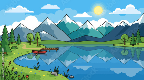 Snowy mountains reflect on serene lake surrounded by lush green trees and vibrant flowers under sunny sky