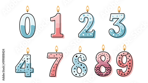 Complete set of colorful birthday candles shaped like numbers zero through nine, featuring playful patterns and flickering flames.