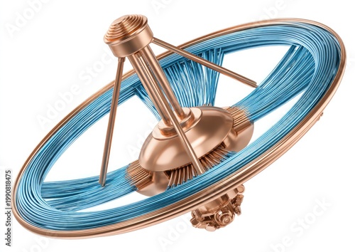 Intricate copper and blue fiber optic coil structure, detailed, 3D rendering