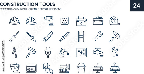 Construction tools icon set, safety helmet, drill, toolbox, saw, tape measure, pliers, paint roller, ladder, solar panels, editable vector outline design