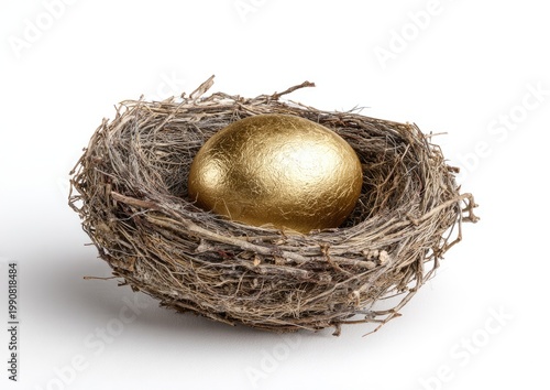 A single golden egg rests safely inside a natural bird's nest