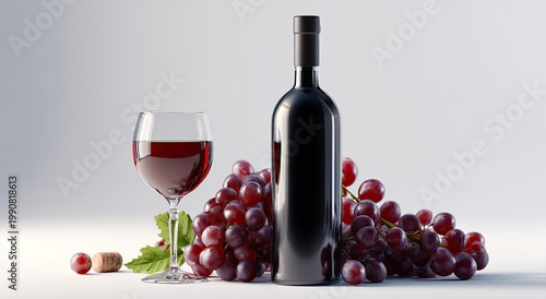 Dark wine bottle, glass, and grapes on a white surface