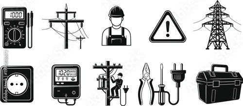 Electrical Tools and Safety Symbols: Multimeter, Socket, Worker, Warning Sign, Power Pole, and Toolbox Illustrations