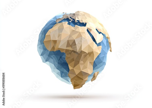 Low-poly globe with continents in tan and blue, isolated on white