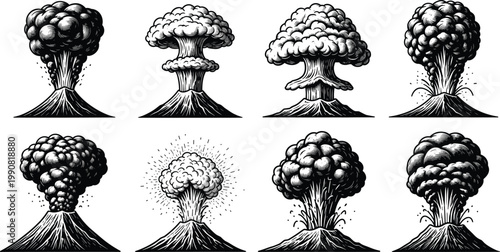 Volcanic Eruption and Mushroom Cloud Explosion Illustrations in Various Styles for Disaster and Catastrophe Themes