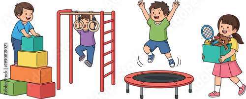 Children Playing on Playground with Trampoline, Climbing Bars, and Blocks, Fun Activity Illustration for Kids