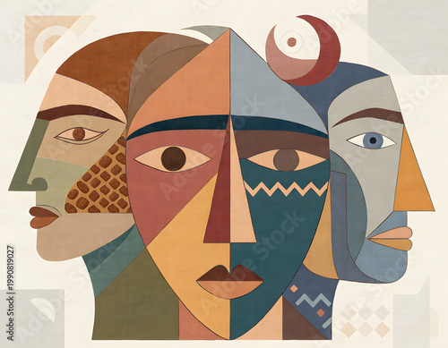 Diverse Minds: Group of abstract faces, geometric style, artistic, creative, calm, human portrait merging into one composition with earthy tone