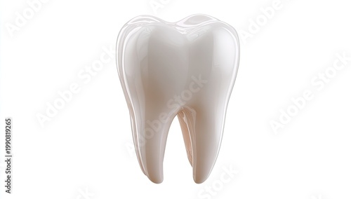 Pearly white molar with shiny enamel and distinct roots against a clean background