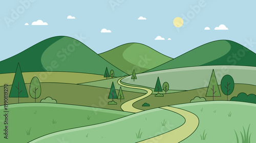 A serene landscape of rolling hills and trees under a sunny sky with a winding road.
