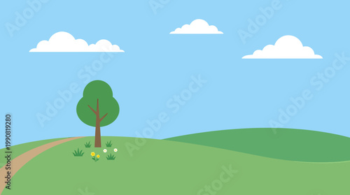 Idyllic countryside scene featuring a lone tree and blooming wildflowers on a rolling green hill under a bright blue sky with fluffy white clouds, evoking a sense of peace and natural beauty