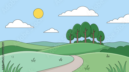 Vibrant cartoon landscape with rolling green hills, a winding path, fluffy white clouds, and a bright yellow sun under a clear blue sky