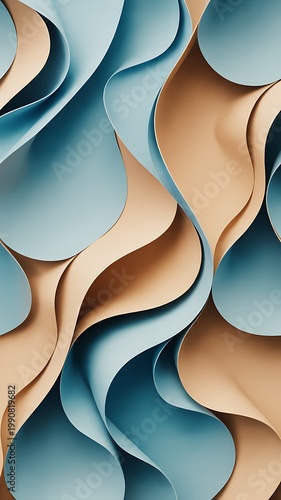 Smooth flowing abstract waves in a serene composition of soft blue and warm beige colors