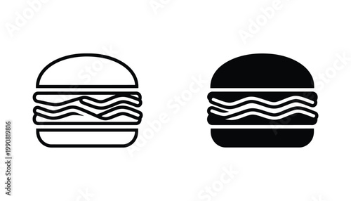 Delicious cheeseburger fast food vector icon set featuring outline and solid black designs for restaurant menus or food delivery app interface assets