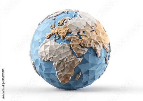 Polygonal Earth globe with abstract continents and oceans on white background