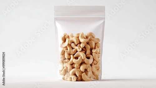Clear resealable pouch filled with toasted cashews against a white background