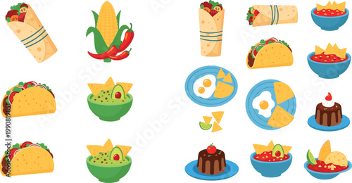 Mexican cuisine vector illustration set including tacos burritos nachos guacamole corn chili and traditional dishes isolated on light background for menu design