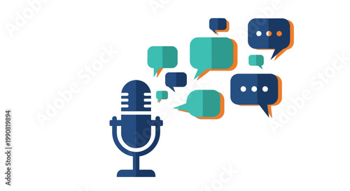 Retro Microphone Icon Emitting Speech Bubbles Symbolizing Communication Broadcasting Podcasting and Ideas