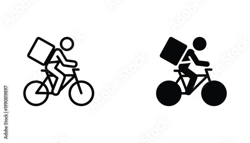 Delivery courier riding bicycle with large box on back icon in outline and solid black style for logistics and food service vector graphics