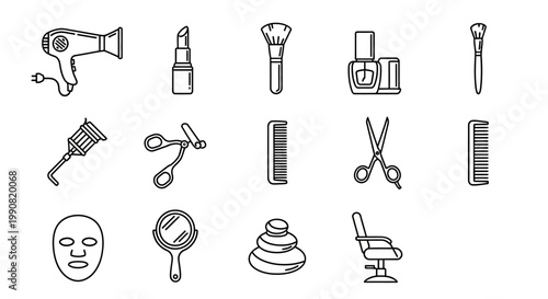Beauty Salon, Hairdressing, Makeup, and Spa Line Art Icons Set. Cosmetic Tools and Personal Care Black Outline Symbols.
