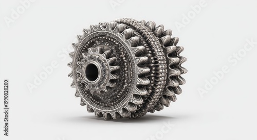 Intricate metallic cylindrical object with layered, toothed rings and central hole