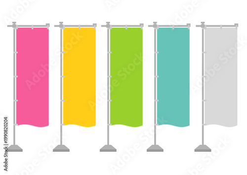 旗めくパステルカラーや白ののぼりのイラストのセット_スタンド有り