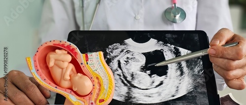 Obraz na płótnie A doctor evaluates a fetal model by viewing prenatal ultrasound images on a tablet