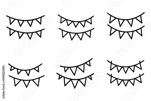 Bunting flag line icons set party hanging banner festive garland decoration birthday carnival pennant & more vector illustration with editable stroke.