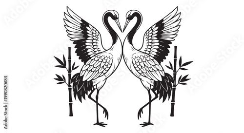 Black and white cranes, bird illustration, wildlife art, vector graphics, decorative design