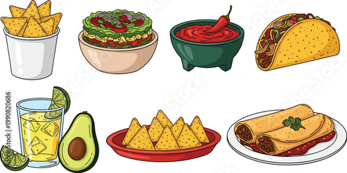 Mexican food vector illustration set featuring nachos tacos taquitos salsa guacamole avocado and lime drink isolated on light background for menu design