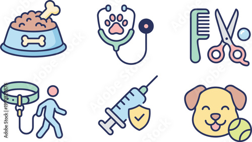 Comprehensive Pet Care Icon Set Featuring Dog Food, Veterinary Stethoscope, Grooming Tools, Walking Leash, Vaccination Syringe, and Playful Puppy with Ball